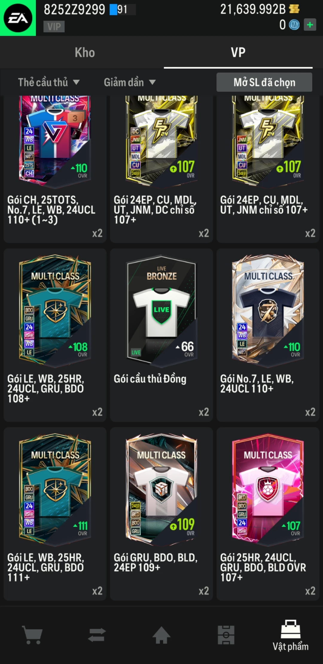 Ảnh ACC mở thẻ (LOẠI SVIP) gồm 500+ đến 700+ thẻ cầu thủ từ Siêu sao đến Miền núi các loại. Có sẵn BP trắng từ 18.500 tỷ BP đến 22.500 tỷ BP